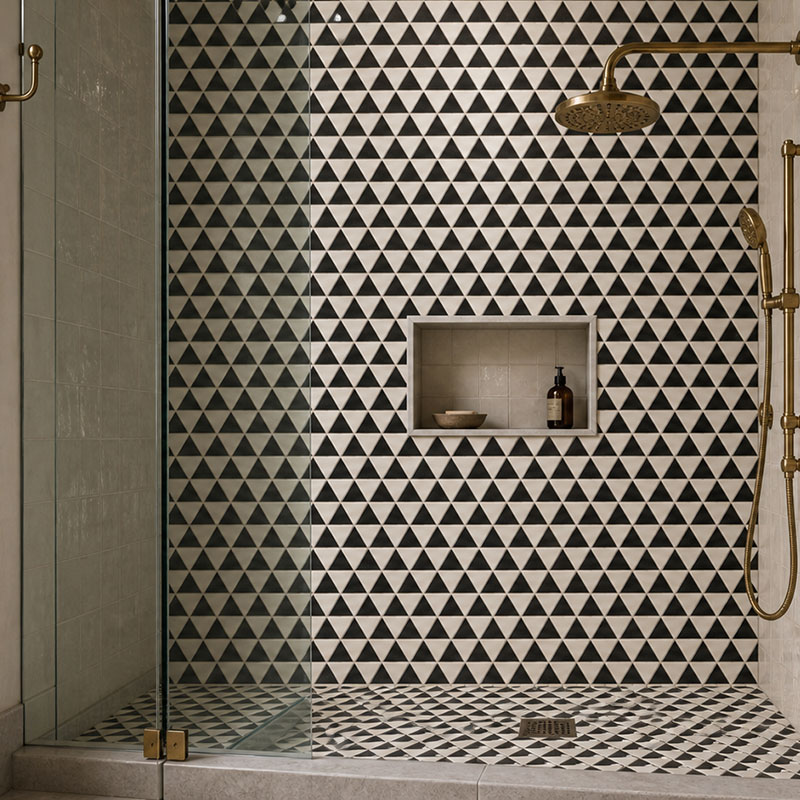 Black and white triangle mosaic tile shower with brass fixtures and glass enclosure