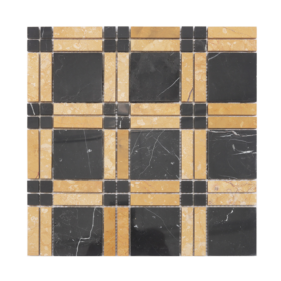 Black and yellow square marble mosaic tile with framed geometric layout