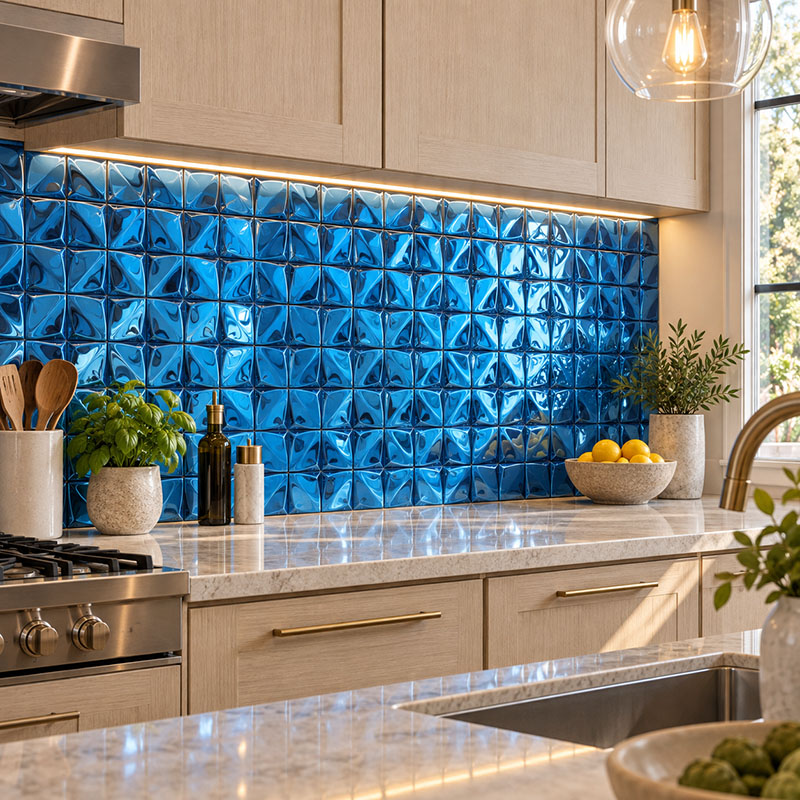 Close-up of blue 3D mirror metal backsplash tiles with light wood kitchen cabinets
