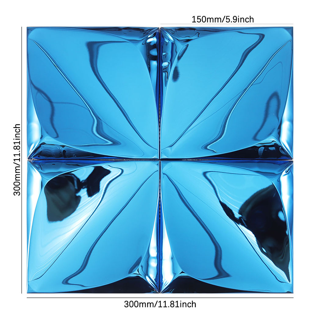 Blue 3D square metal tile sheet with four raised pyramid panels and size marks