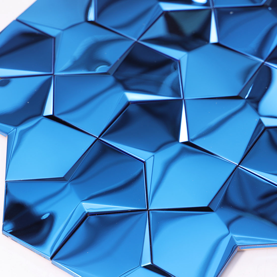 Glossy mirror blue 3D geometric stainless steel mosaic tile detail