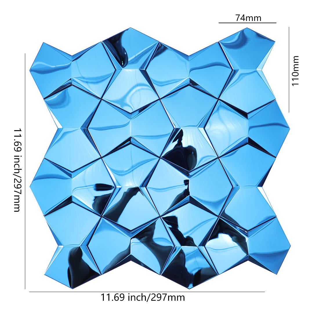 3D mirror blue geometric metal mosaic tile sheet dimensions 11.69x11.69 inches
