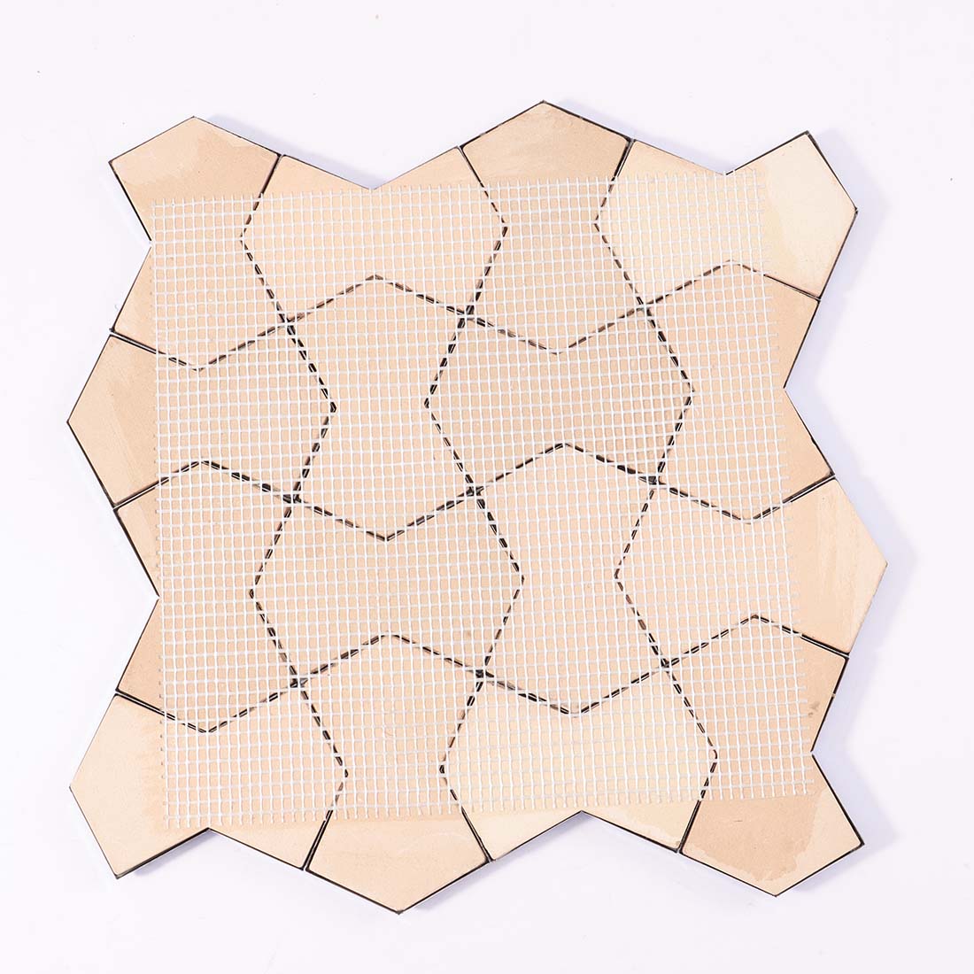 Mesh mounted backing of 3D blue geometric metallic mosaic tile sheet