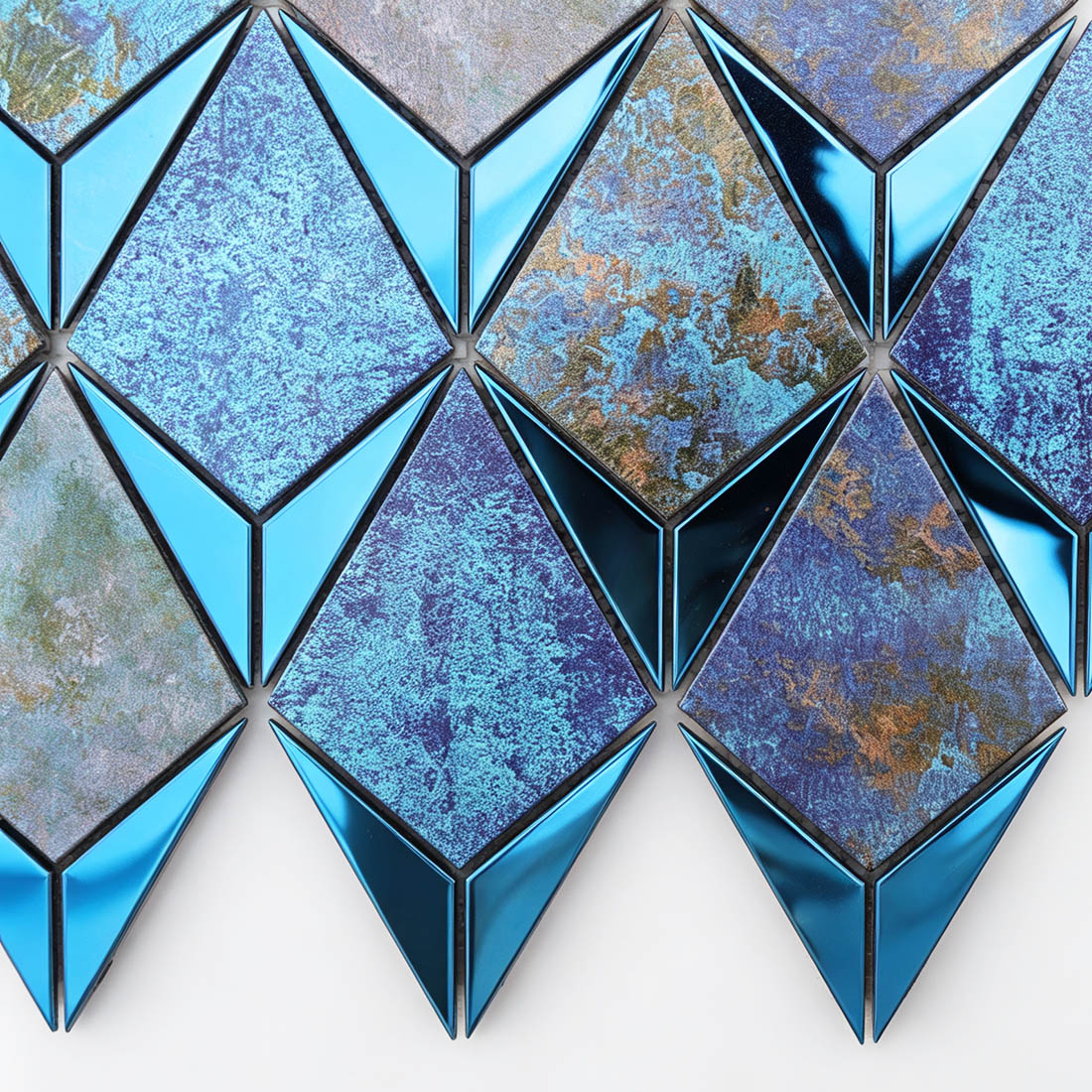 Detailed view of blue antique aluminum mosaic tiles with polished steel accents