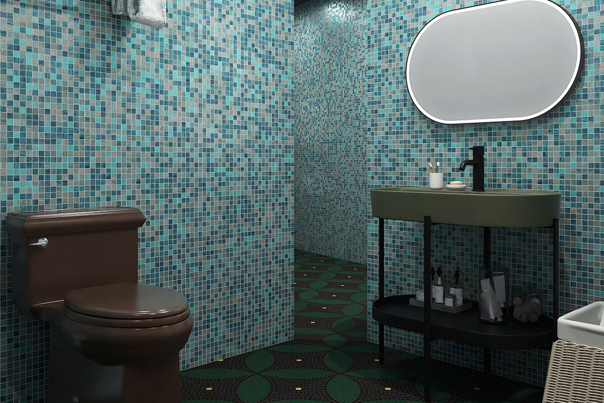 Blue bathroom tiles covering shower and vanity walls in a modern bathroom