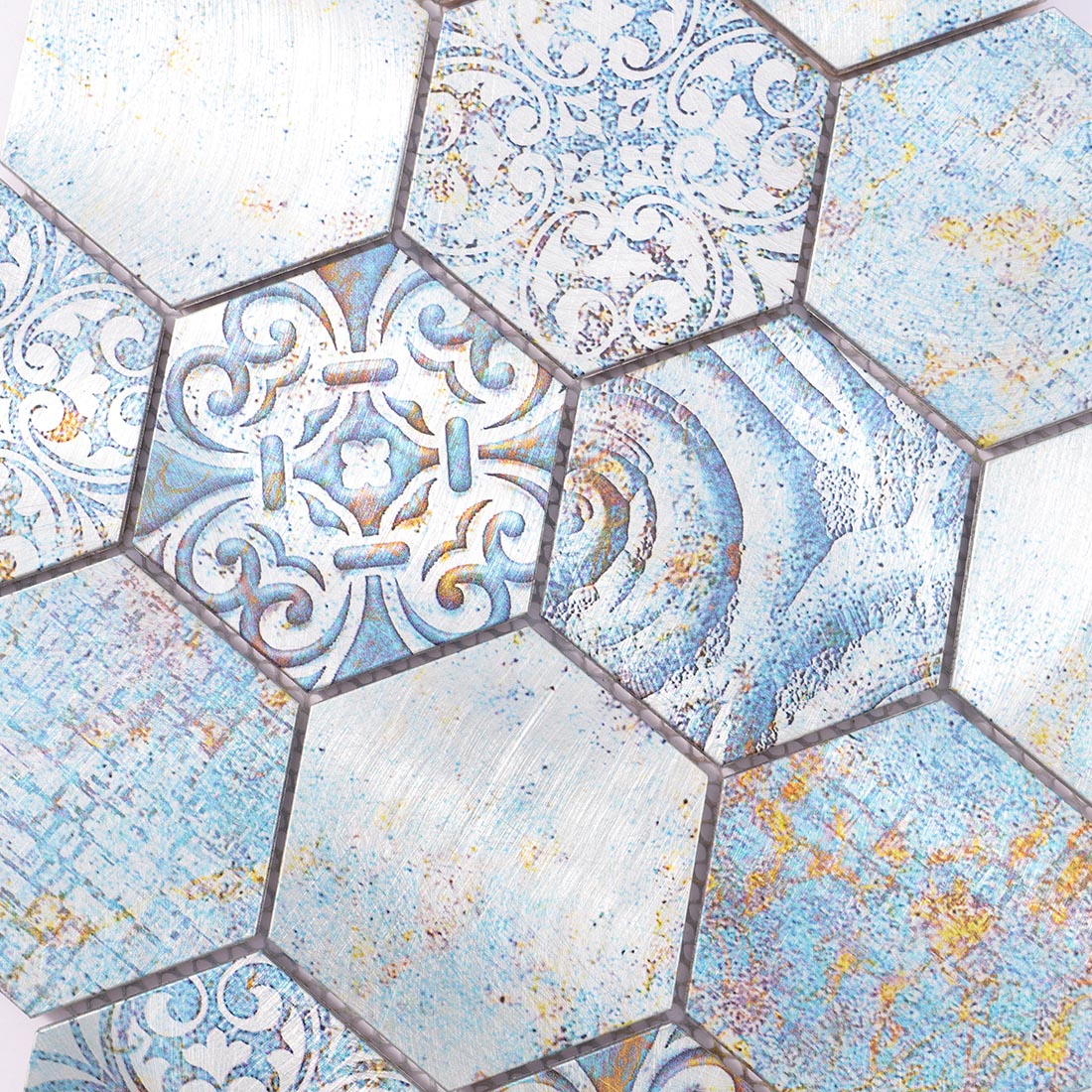 High angle view of blue floral patterned hexagon aluminum tile surface