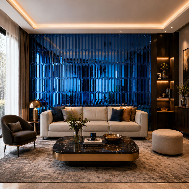 Blue metal lounge wall tiles behind a modern sofa in a luxury living room