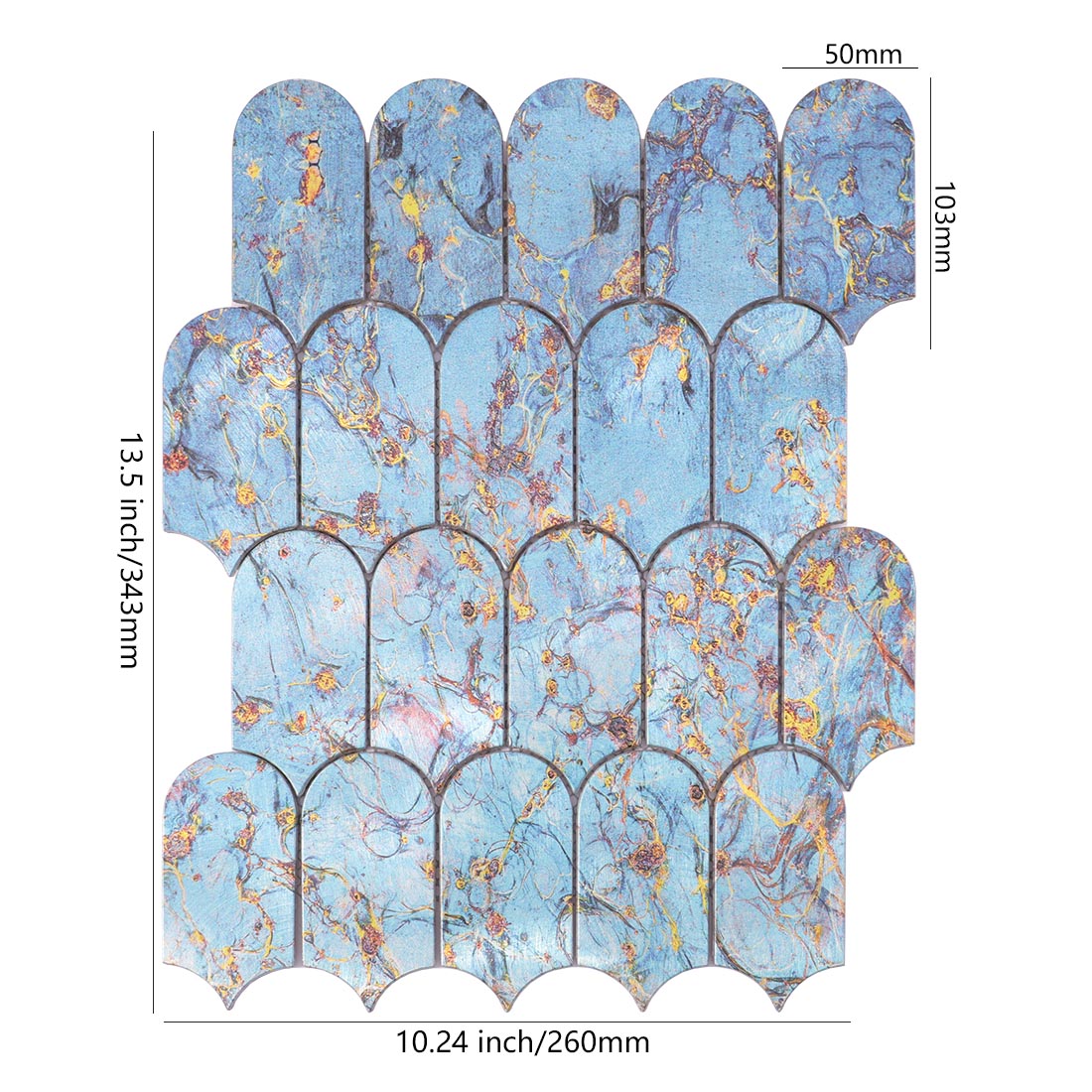 Blue and gold marbled arched fish scale aluminum mosaic tile sheet
