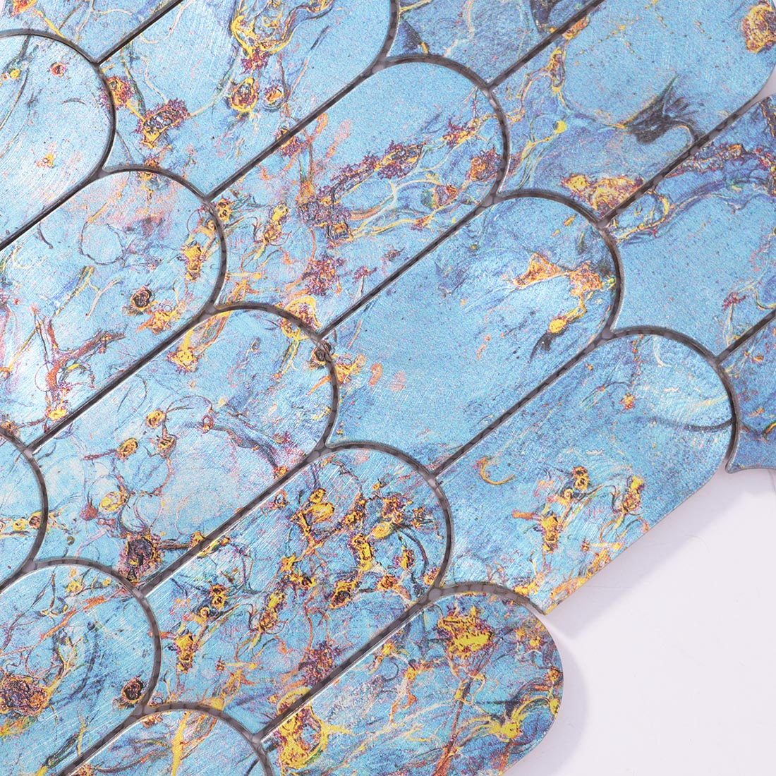 High angle view of blue gold marbled arched aluminum tile surface texture