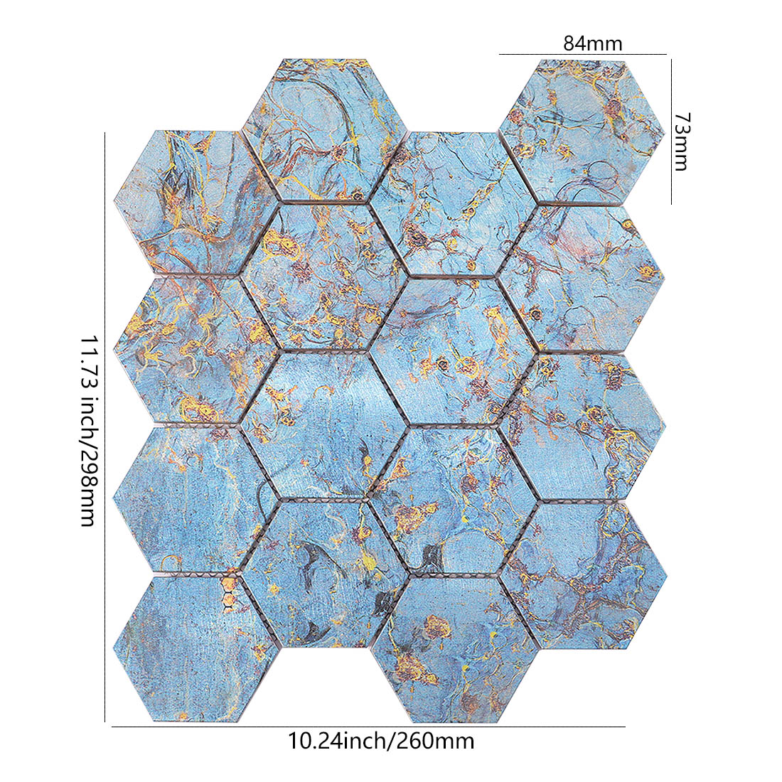 Blue and gold marbled pattern hexagon aluminum mosaic tile sheet