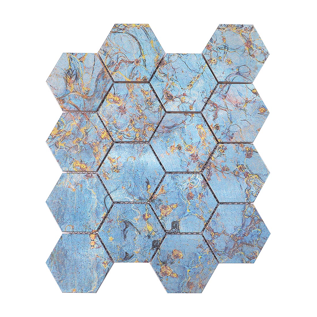 Blue and gold marbled pattern hexagon aluminum metal mosaic sheet front view