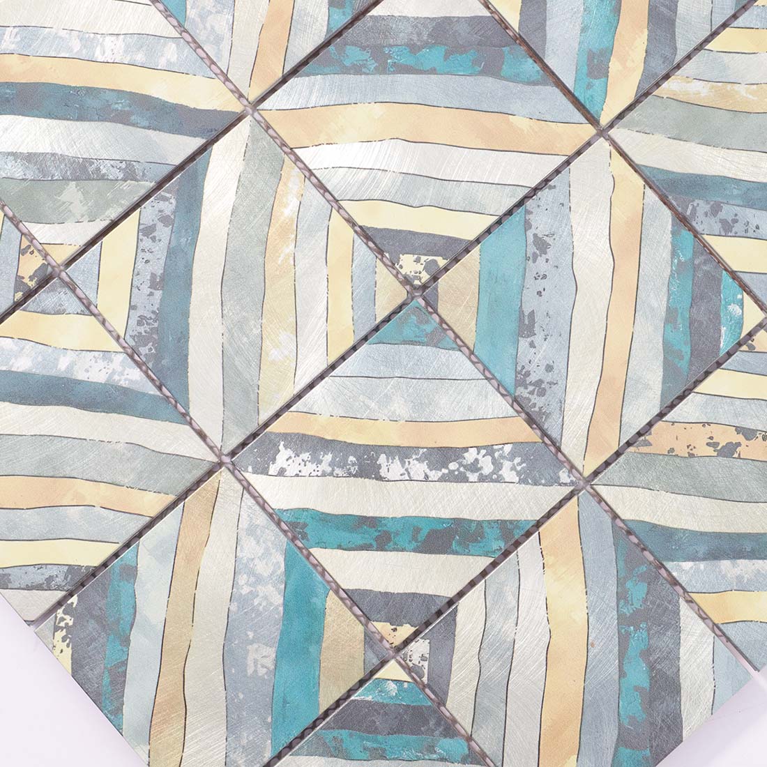 High angle view of blue gold striped square aluminum tile surface texture