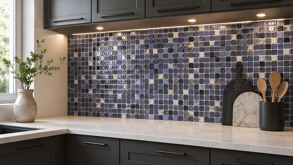 Blue gray square mosaic kitchen backsplash with dark cabinets and white countertop