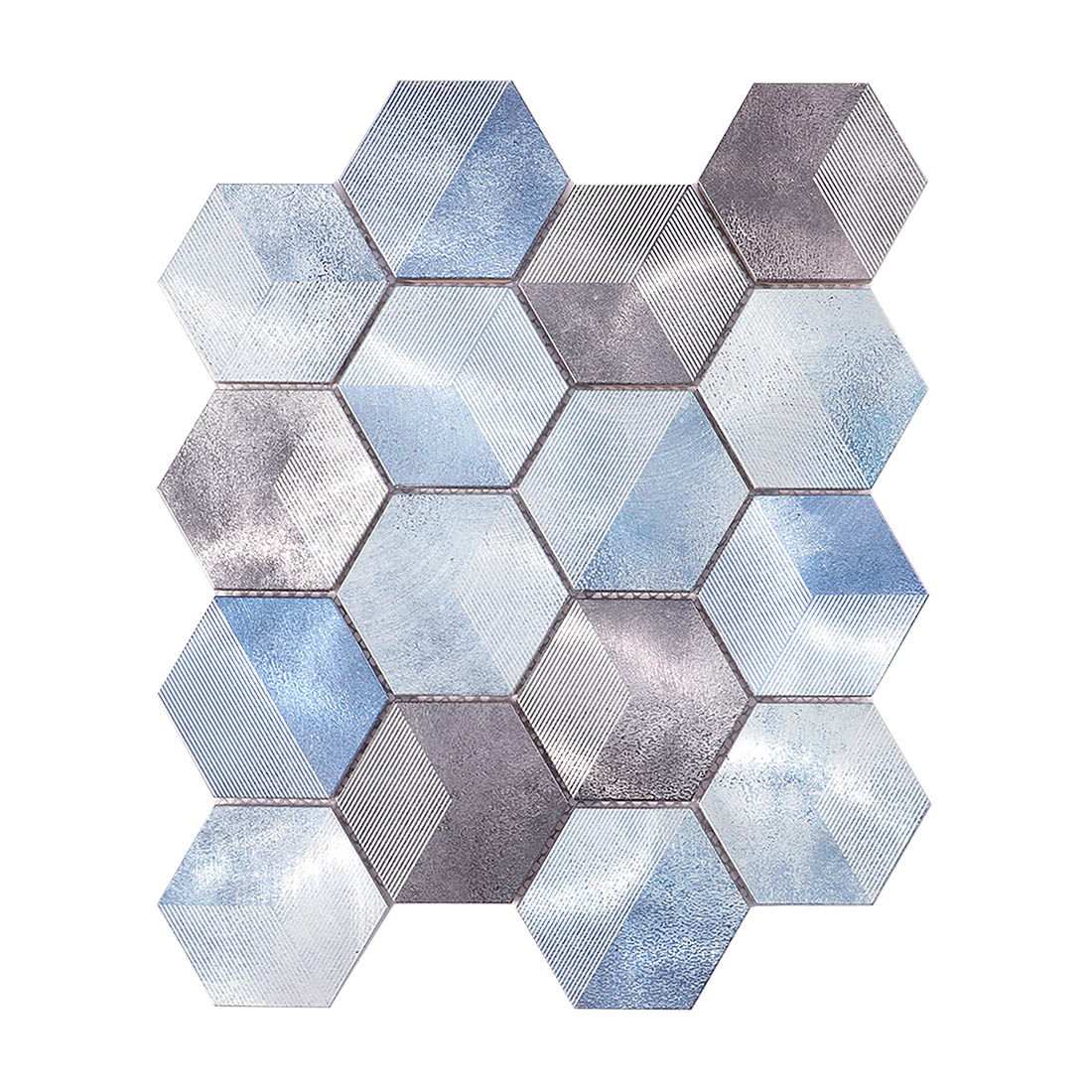 Blue and grey 3D optical illusion flat hexagon aluminum metal mosaic sheet front view