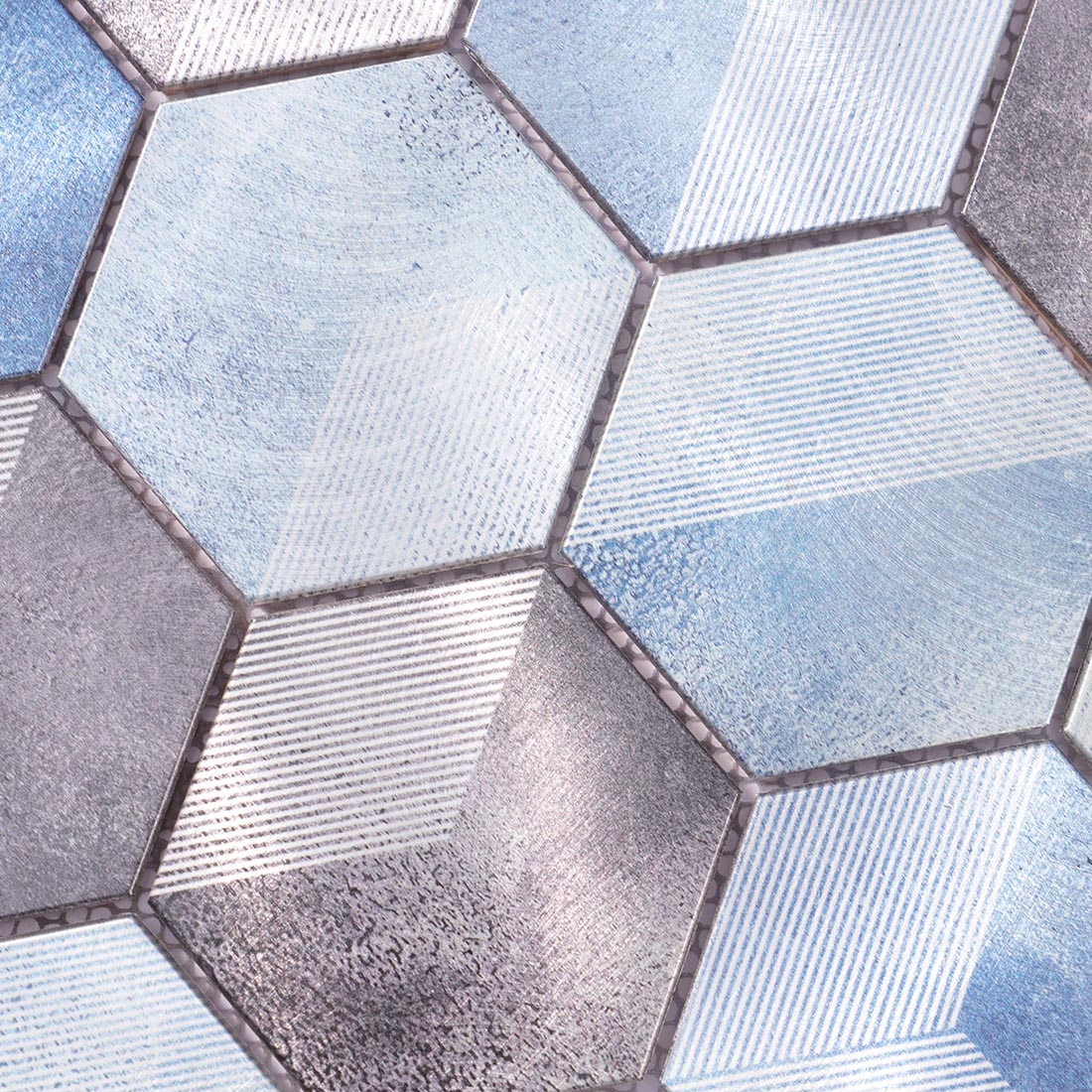 High angle view of blue grey 3D pattern flat hexagon aluminum tile surface