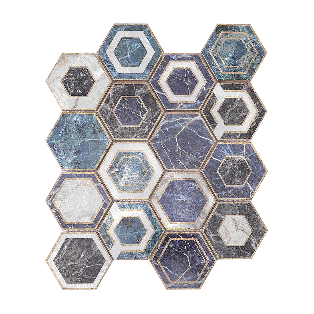 Blue and grey marble pattern hexagon aluminum mosaic sheet front view