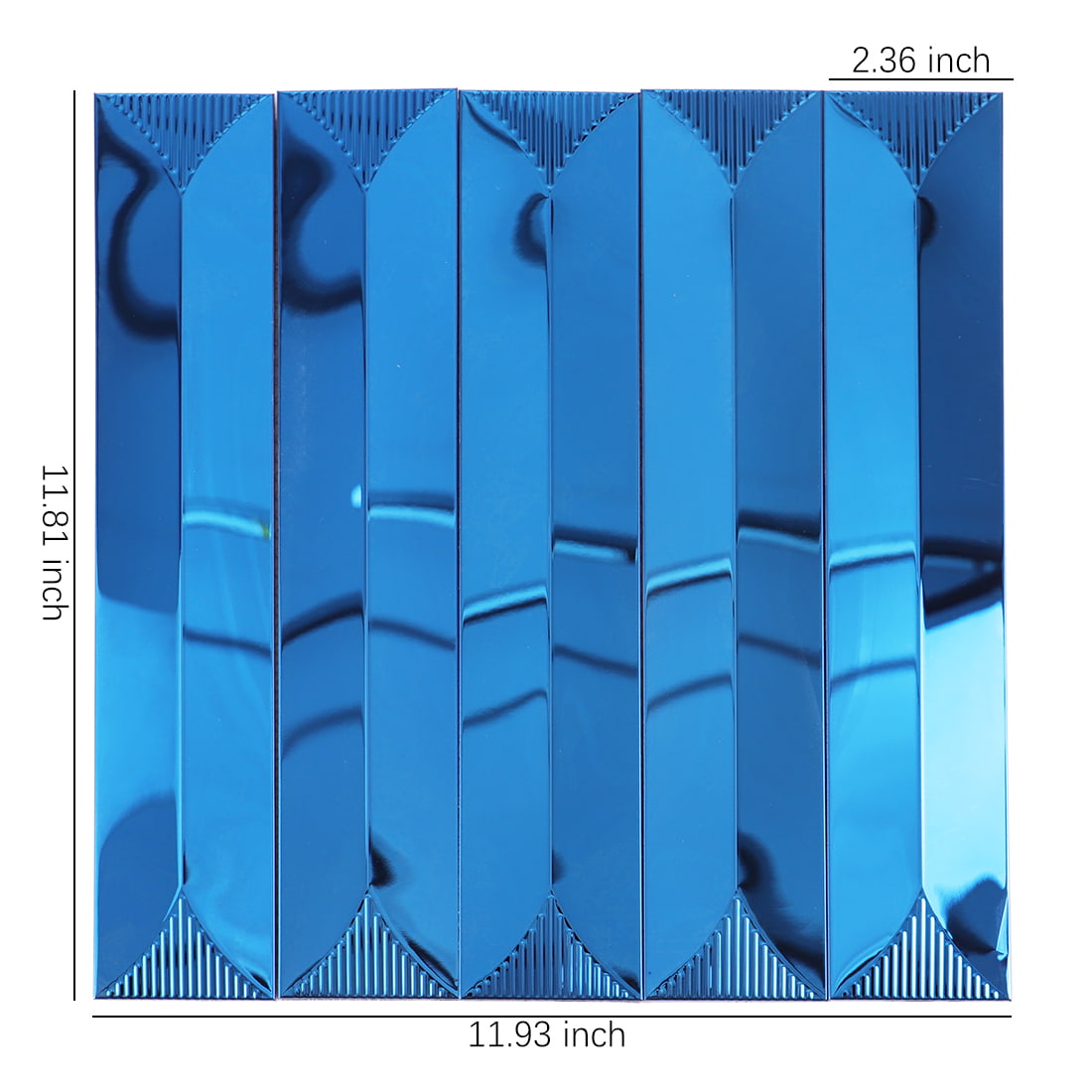 Blue long strip bevel metal mosaic sheet with size details