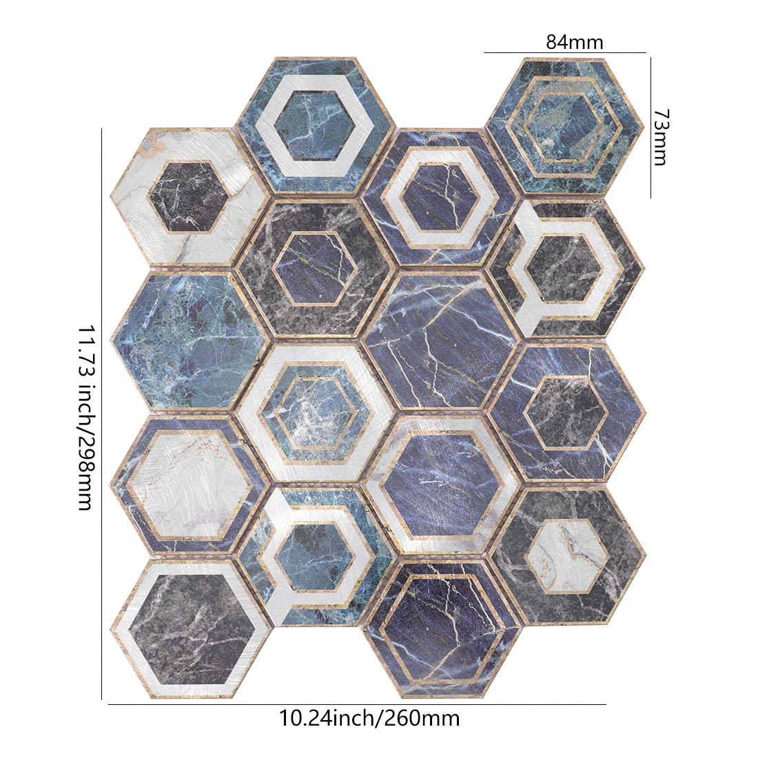 Blue marble look hexagon aluminum mosaic tile sheet dimensions