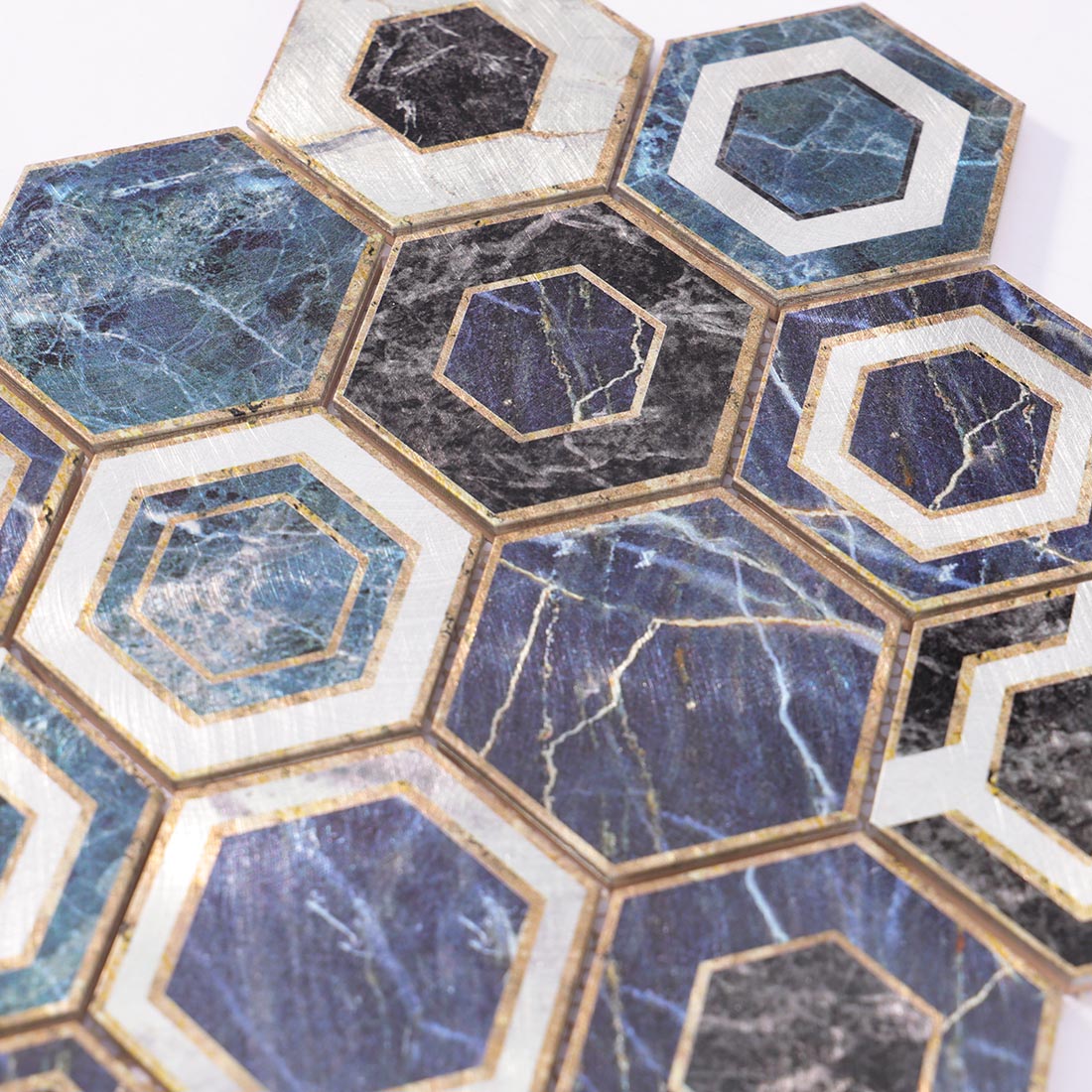 High angle view of blue marble pattern hexagon aluminum tile surface