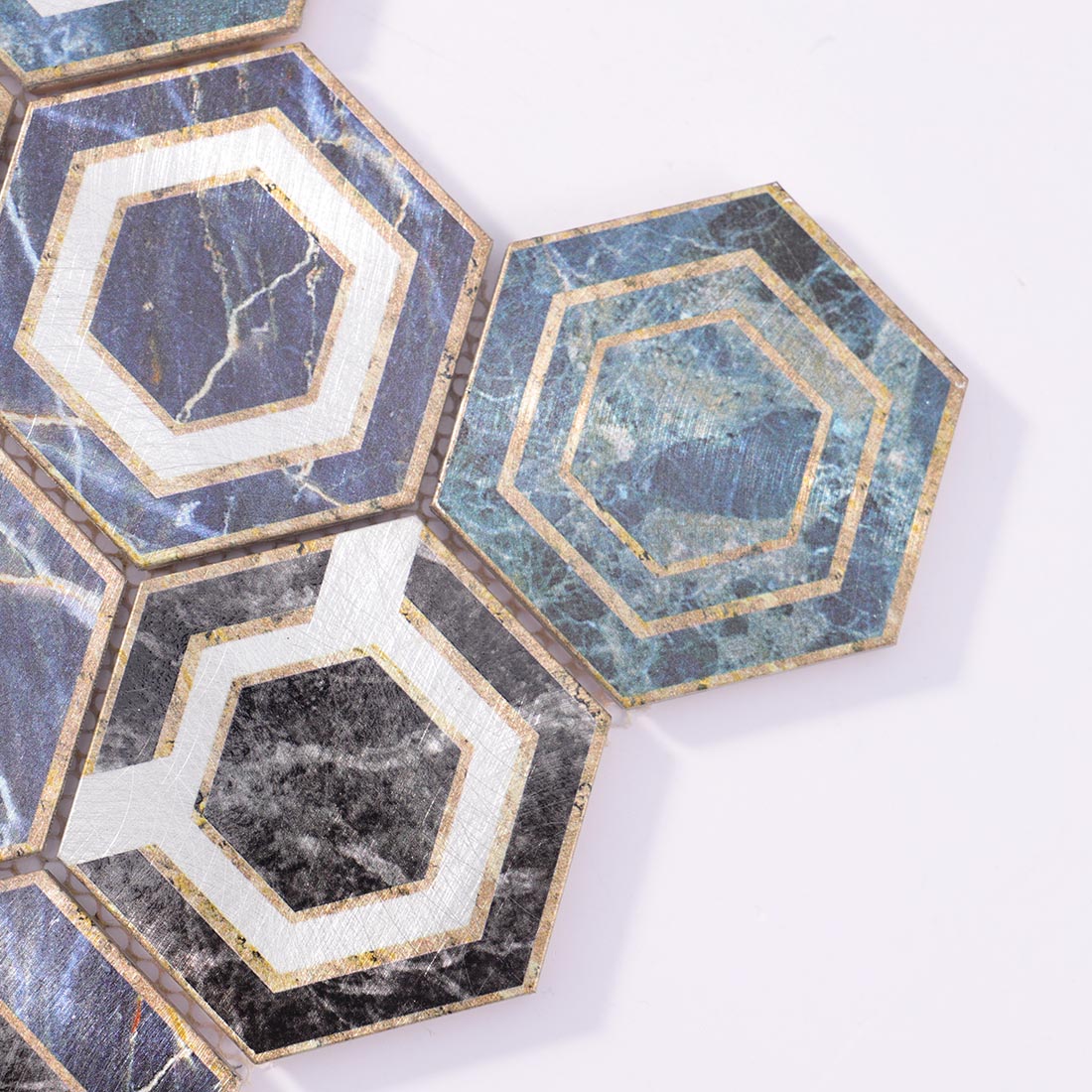 Close-up detail of blue marble look hexagon aluminum mosaic tile