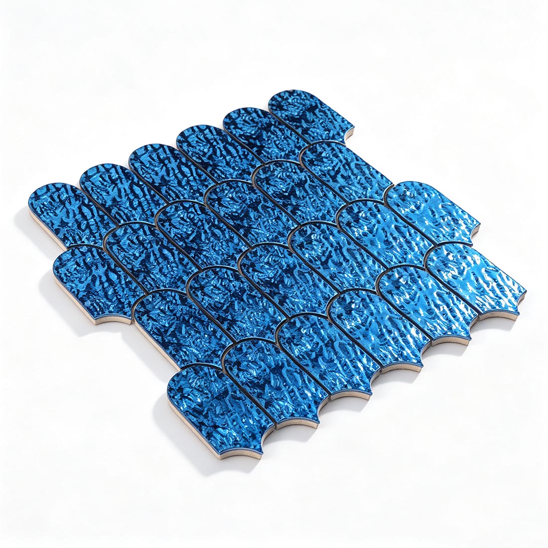 Angled perspective view of blue mermaid tail metal mosaic sheet