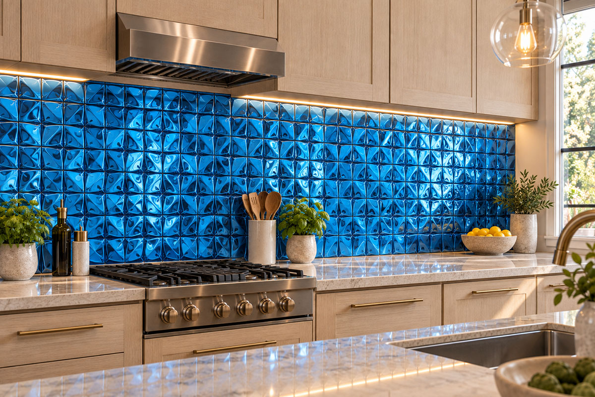 Blue mirror metal tile backsplash in a modern kitchen with light wood cabinets