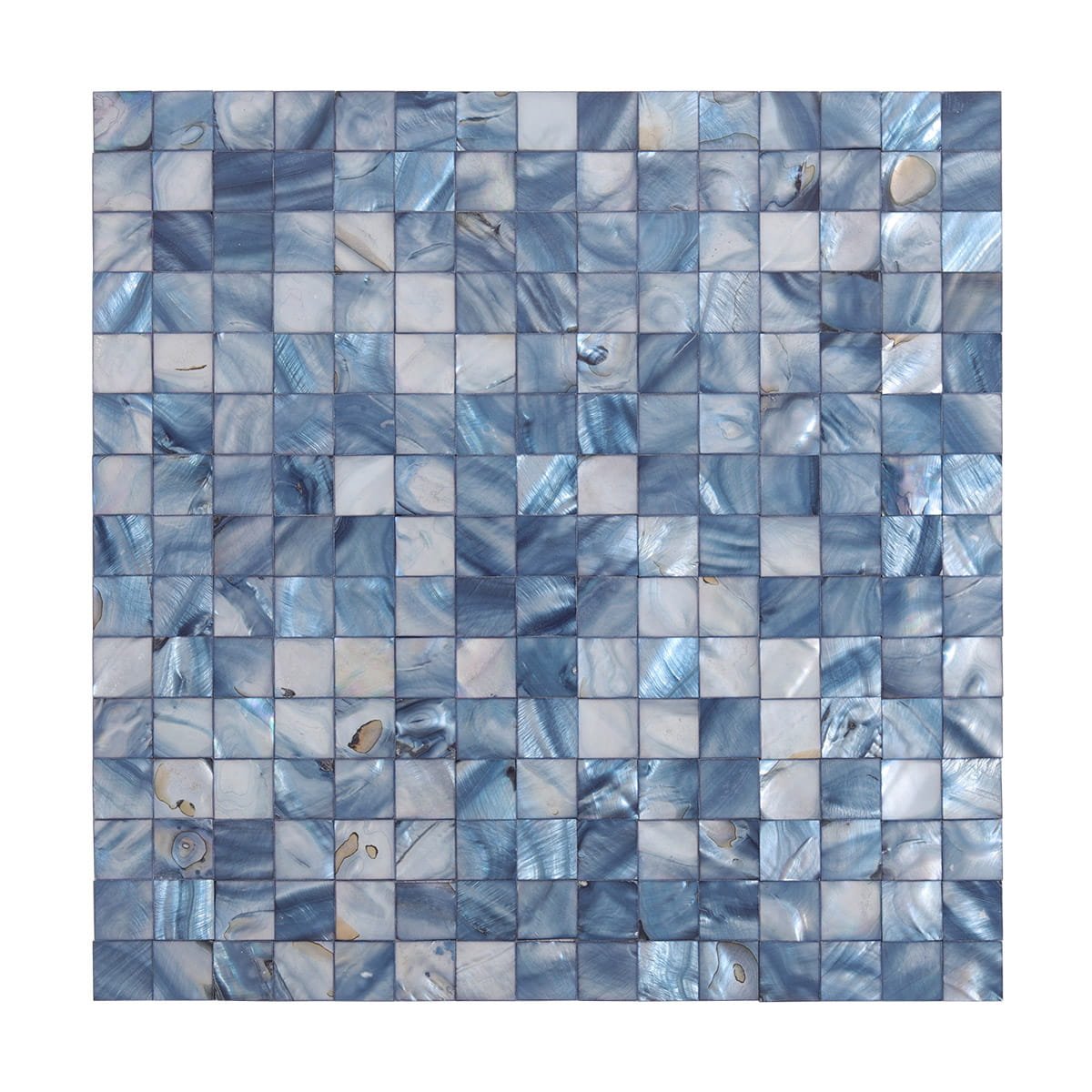 Front view of a blue natural shell mosaic tile sheet with iridescent square pieces