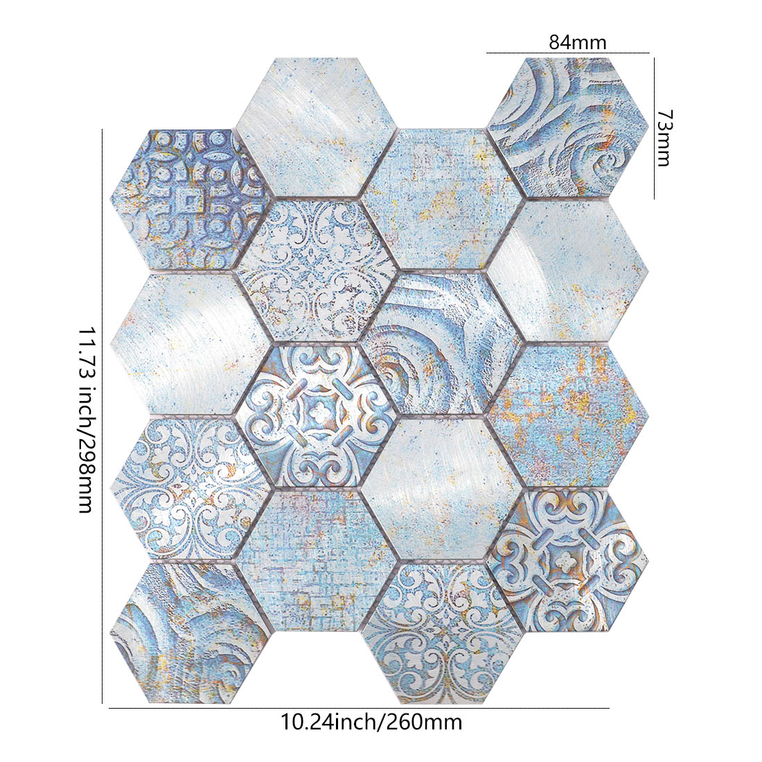Blue patterned hexagon aluminum mosaic tile sheet dimensions