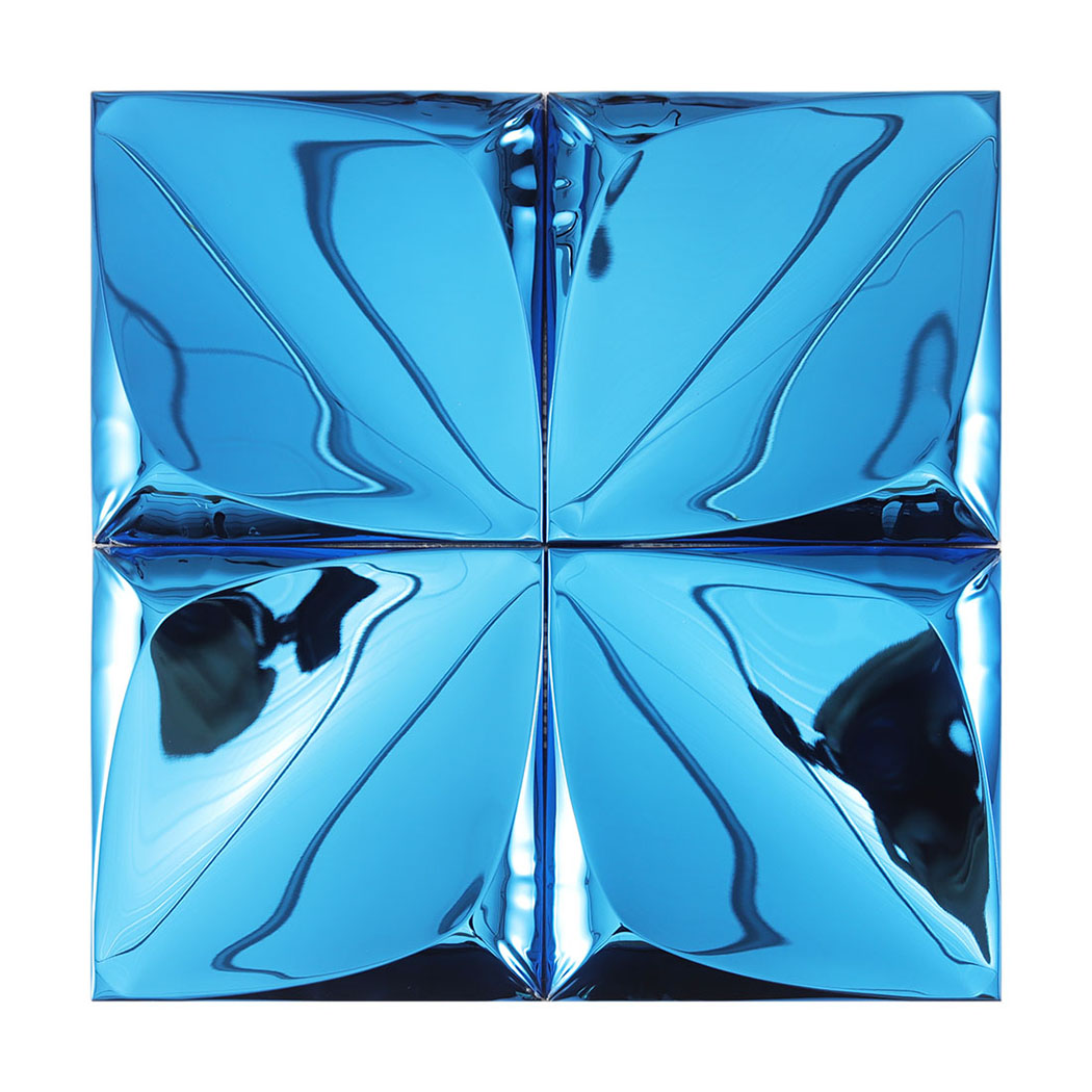 Full sheet of blue raised square metal tiles with glossy pyramid texture