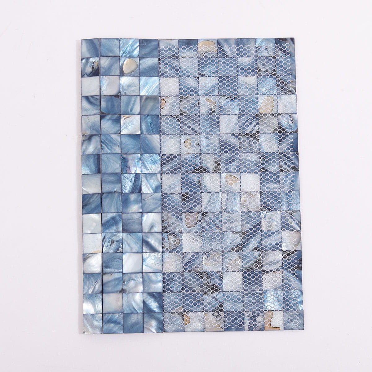 Blue natural shell mosaic tile sheet with mesh backing partially shown