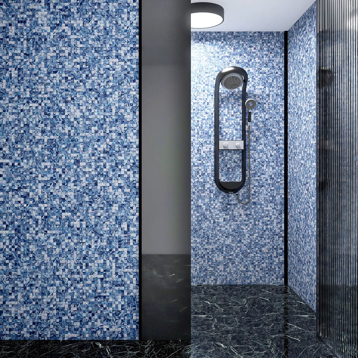 Modern bathroom with blue shell mosaic tile walls surrounding a shower area