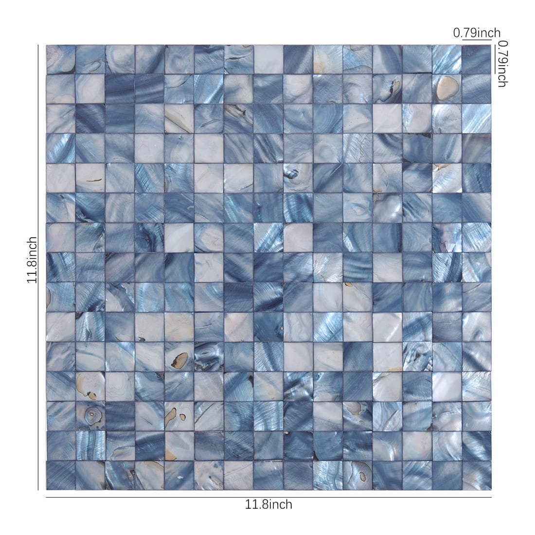Size chart of blue shell mosaic tile sheet measuring 11.8 by 11.8 inches with 0.79-inch chips