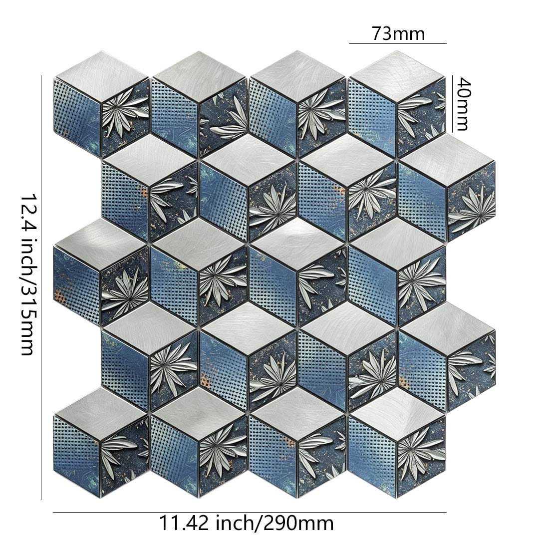Blue silver floral aluminum cube mosaic tile sheet with 3D pattern and dimensions
