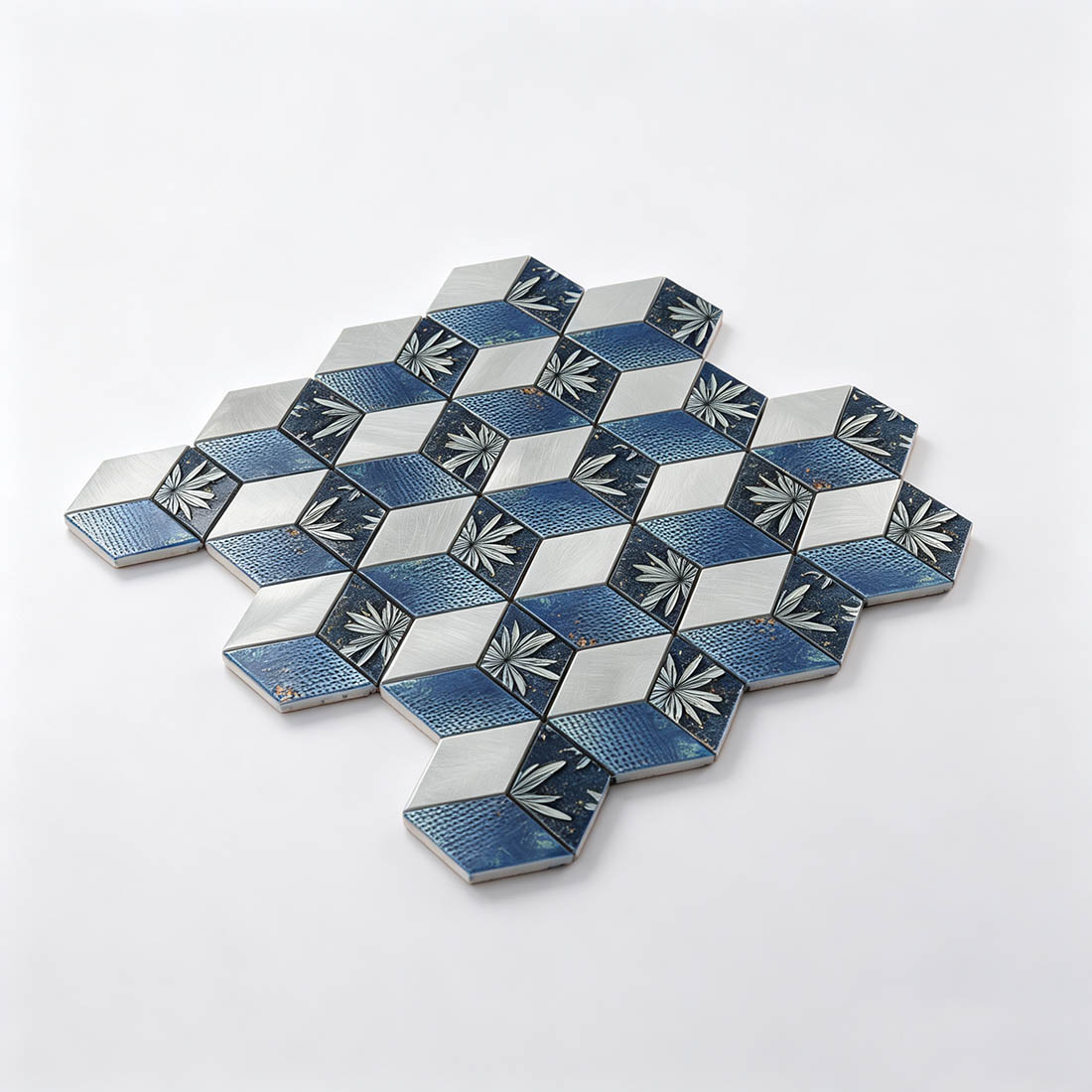 Blue silver floral aluminum cube mosaic tile sample with a 3D geometric layout