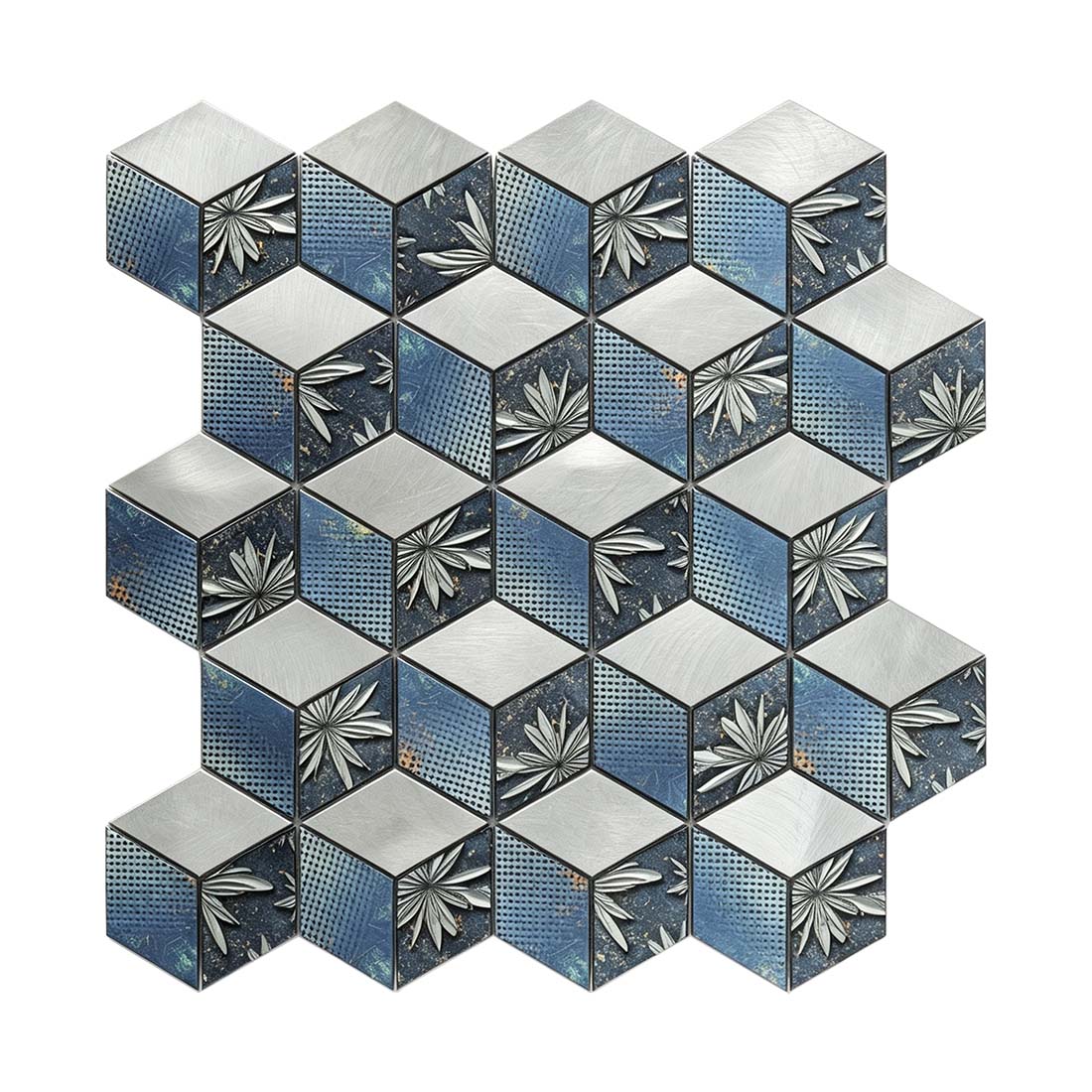 Blue silver floral aluminum cube mosaic tile sheet with dimensional geometric design