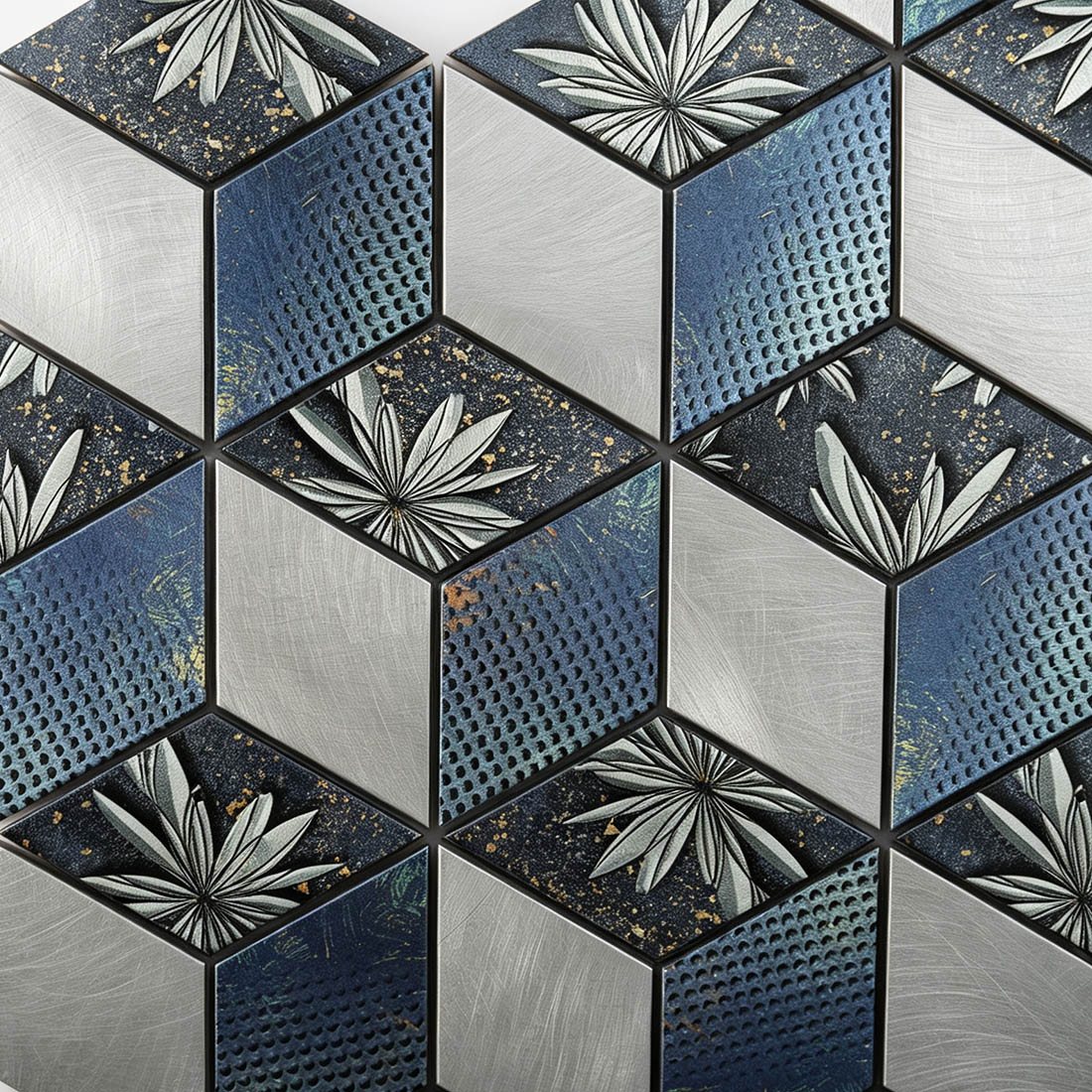 Blue silver floral aluminum cube mosaic tile texture with brushed and embossed details