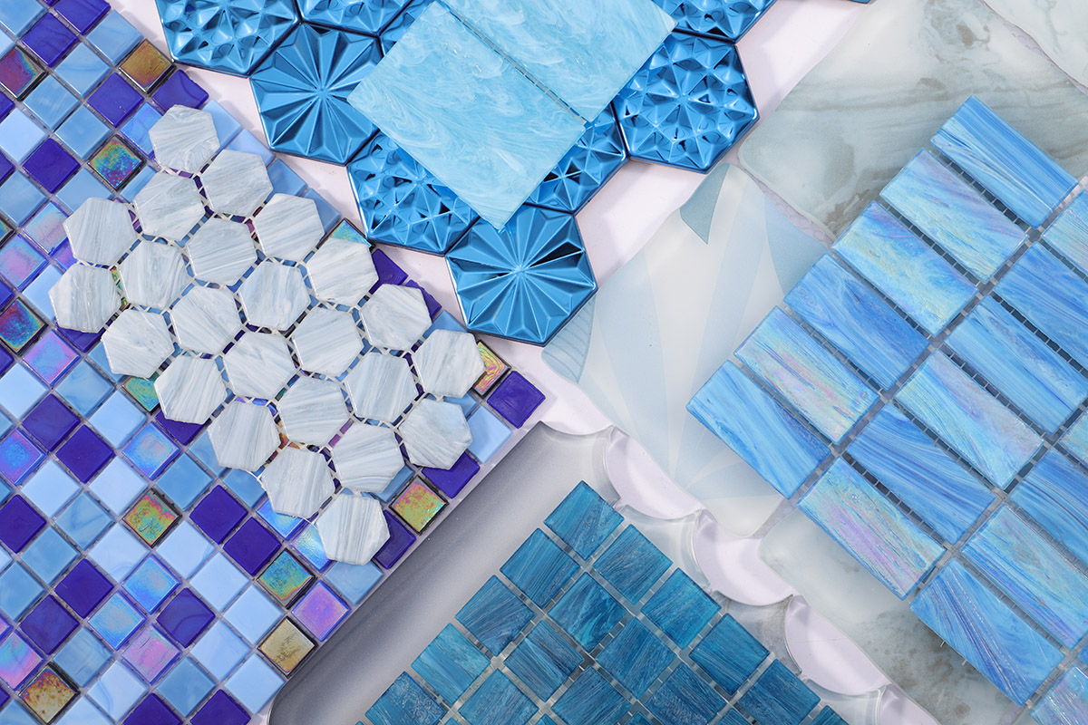 Collection of blue glass, metal, stone and mother of pearl mosaic tile samples