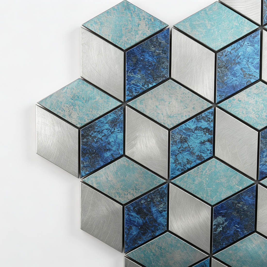 Close-up of blue turquoise aluminum cube mosaic tiles with brushed silver accents