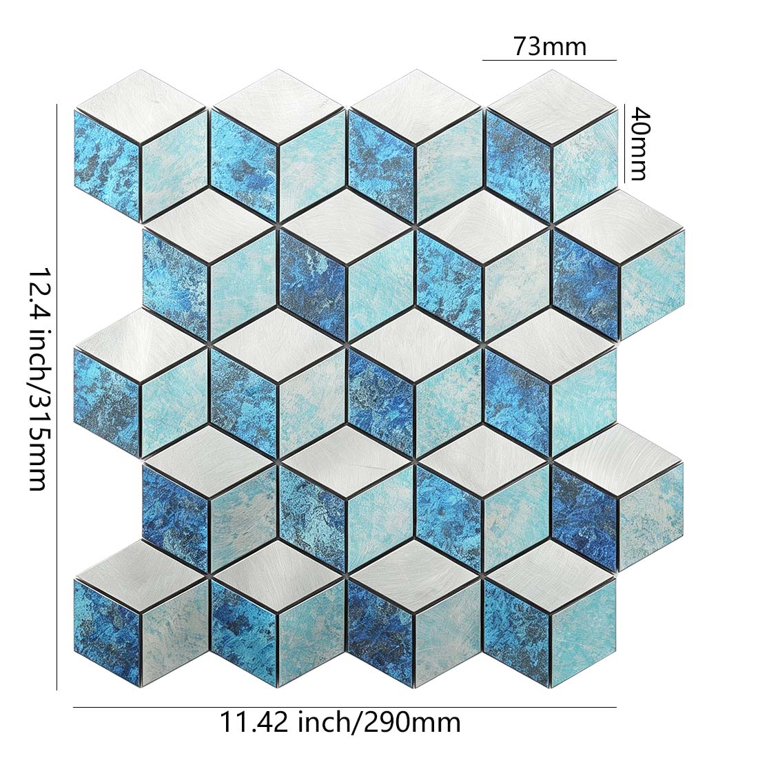 Blue turquoise aluminum cube mosaic tile sheet with 3D geometric pattern and dimensions