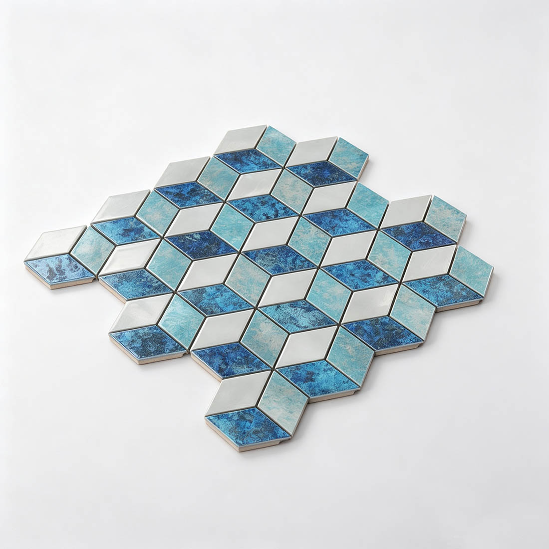 Blue turquoise aluminum cube mosaic tile sample with a dimensional cube layout