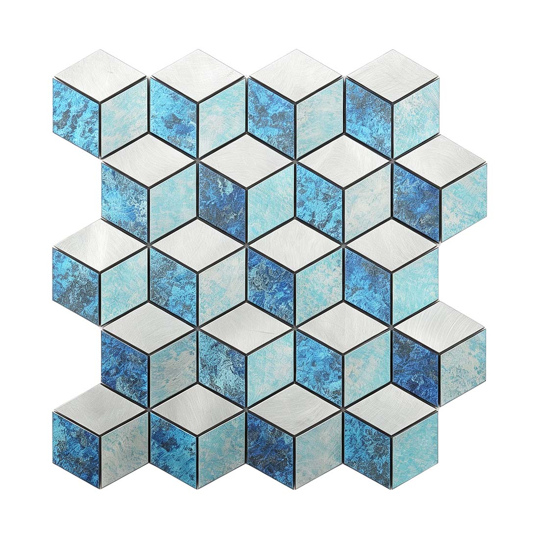 Blue turquoise aluminum cube mosaic tile sheet with silver brushed geometric faces