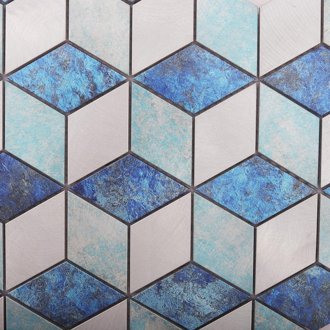 Blue turquoise and silver aluminum cube mosaic tile geometric surface texture