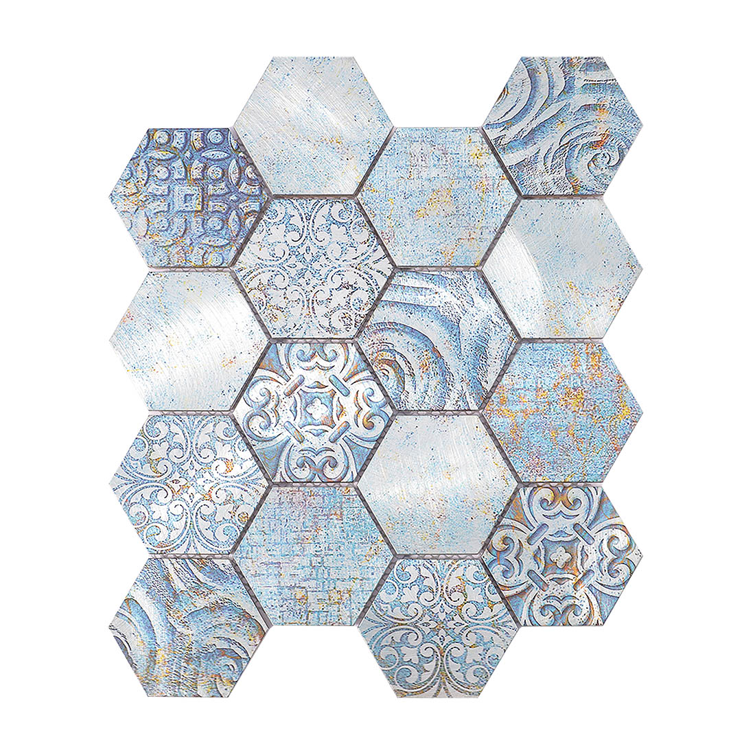 Blue vintage patterned hexagon aluminum metal mosaic sheet front view