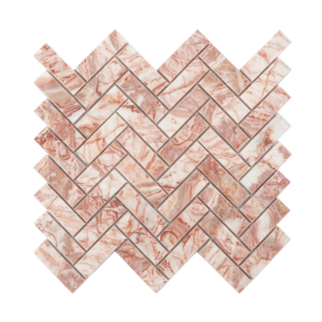 Blush and white herringbone marble mosaic tile sheet on a white background