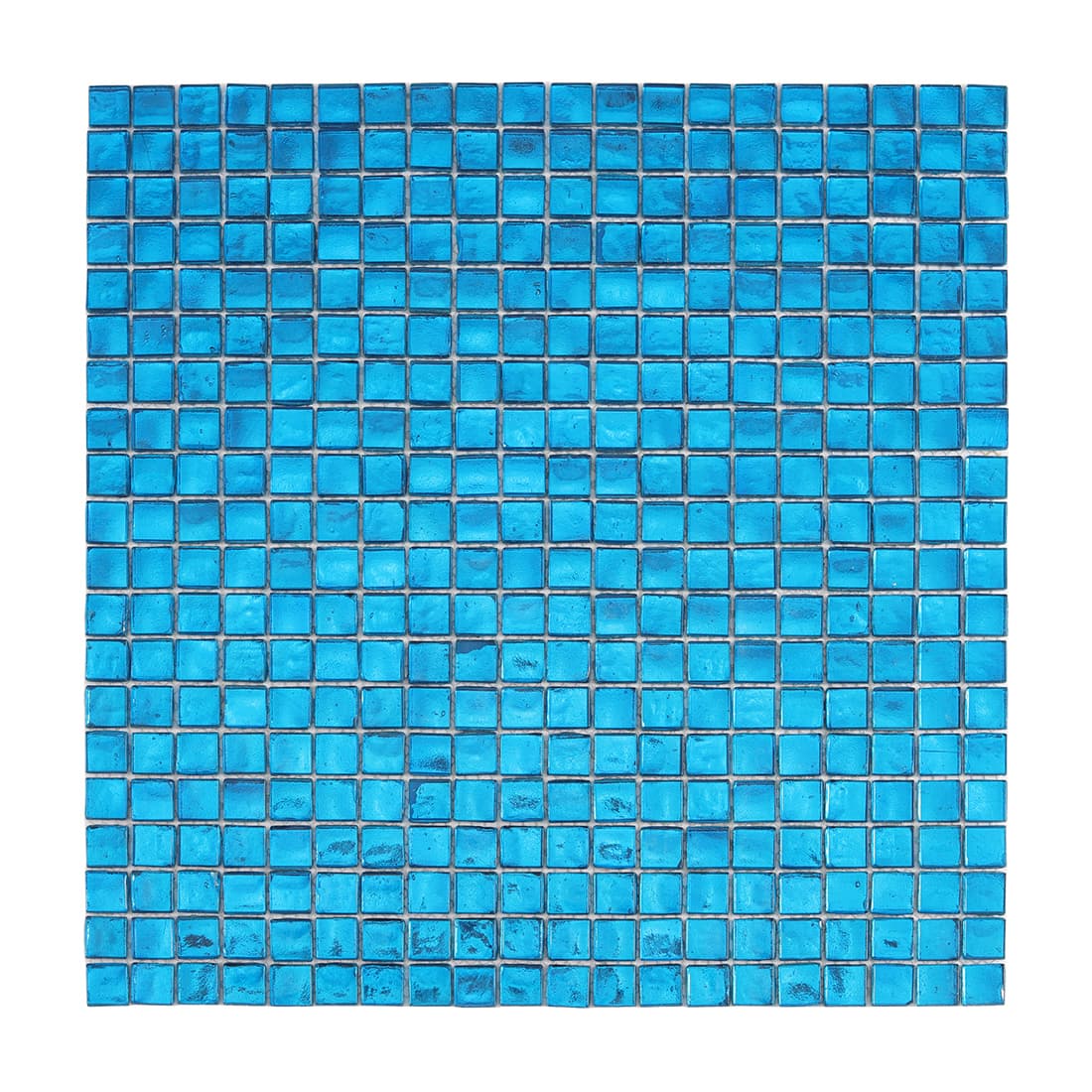 Full sheet of bright blue square glass mosaic tile on a light background