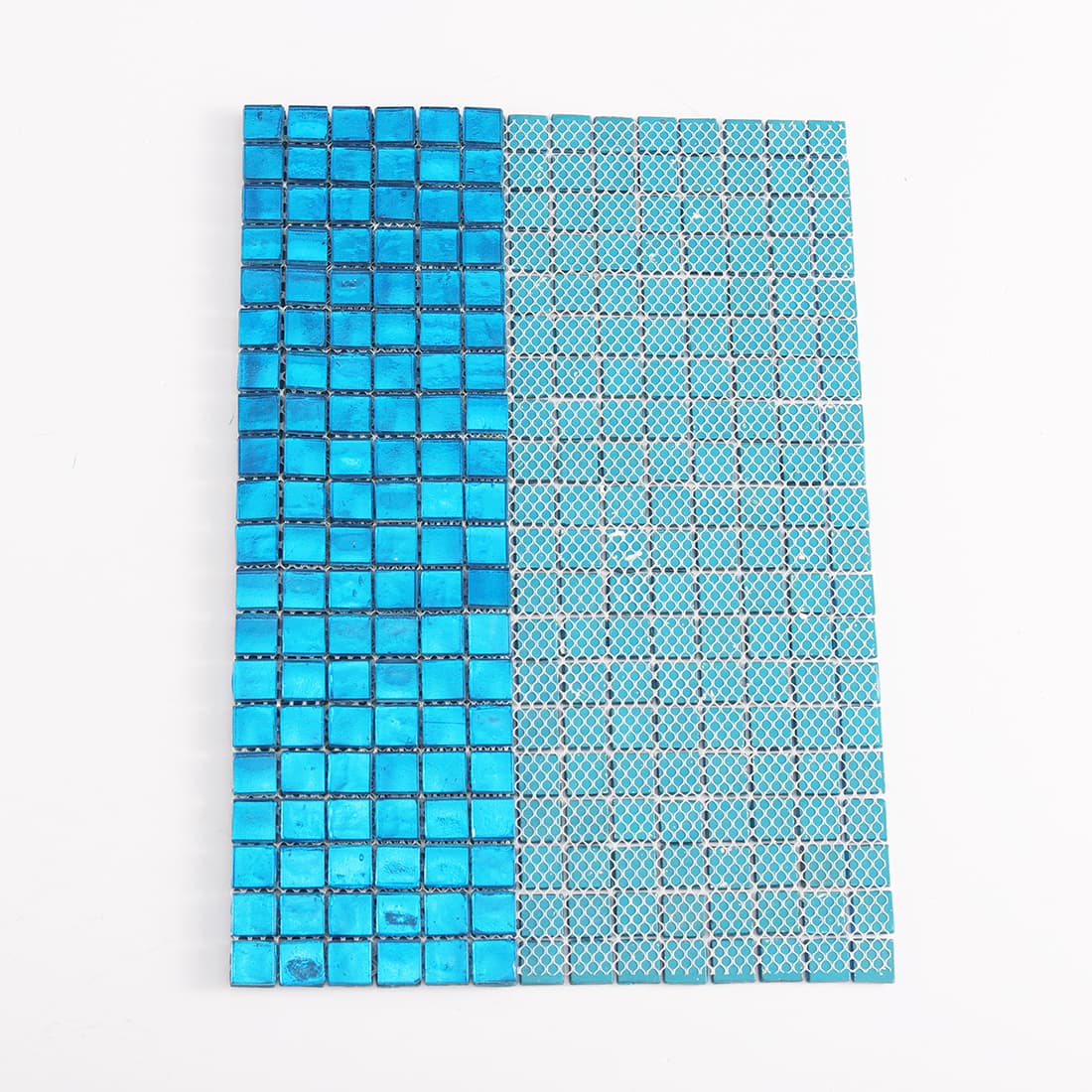Back view of bright blue square glass mosaic tile with mesh backing