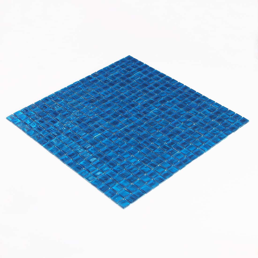 Perspective view of bright blue square glass mosaic tile sheet