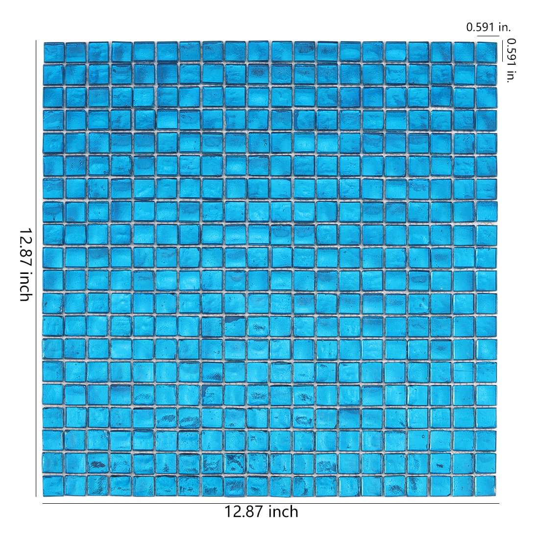 Bright blue square glass mosaic tile sheet with size details
