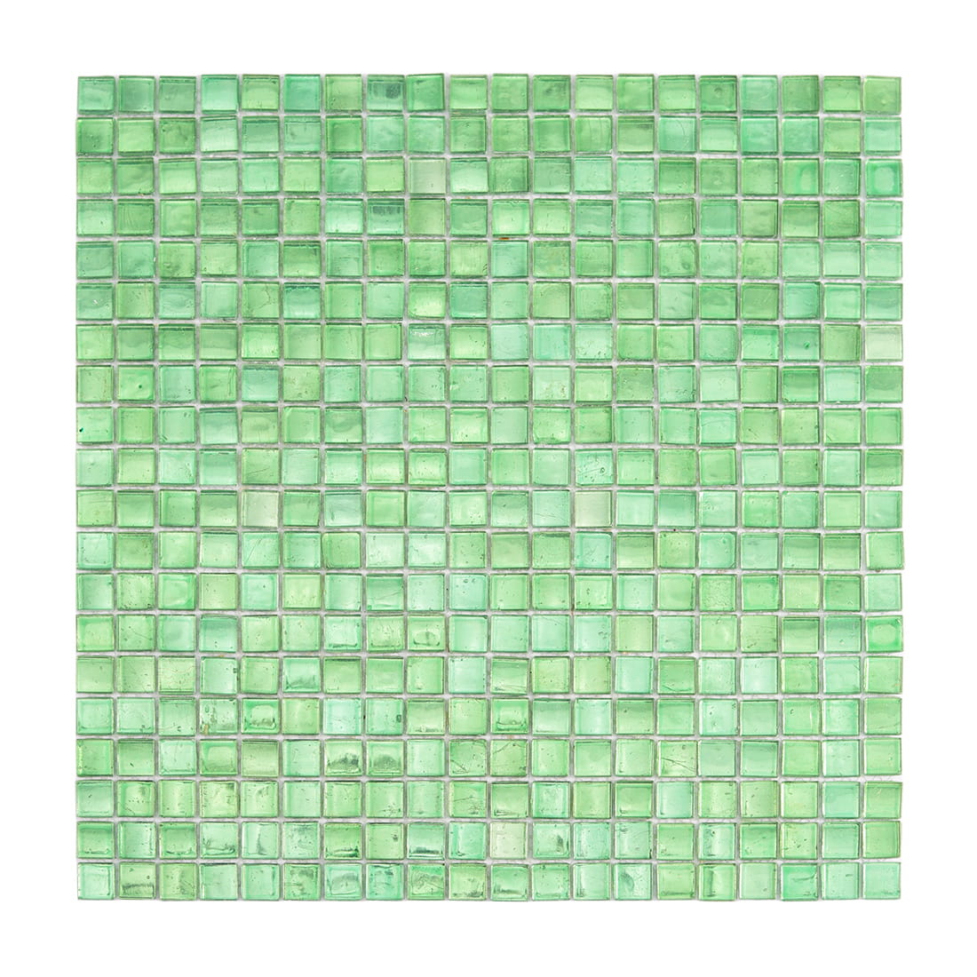 Full sheet of bright green square glass mosaic tile on a light background