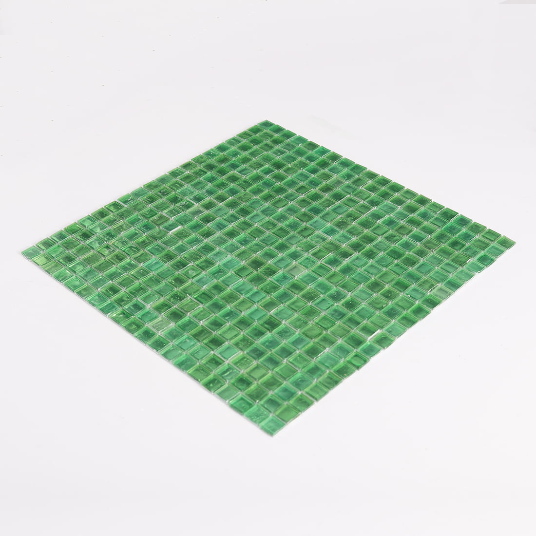 Perspective view of bright green square glass mosaic tile sheet